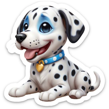 Cinematic Cute Yawning Harlequin Dalmatian Portrait Emoji, Head tilted slightly with a dramatic, wide-open yawn, showcasing a smooth Fur of predominantly white with bold black patches, floppy ears slightly drooping, round blue eyes barely open in drowsy contentment, Simplified yet irresistibly adorable features, highly detailed, glowing with a soft, cozy glow, high shine, relaxed yet expressive, stylized with a touch of whimsy, bright and endearing, soft glowing outline, capturing the essence of a sleepy yet affectionate guardian, so drowsy it feels like it could stretch out of the screen and curl up for a nap! sticker