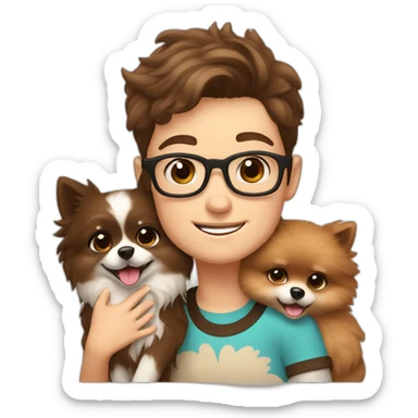 Boy in glasses and brown hair girl hug their cream color pomeranian  sticker