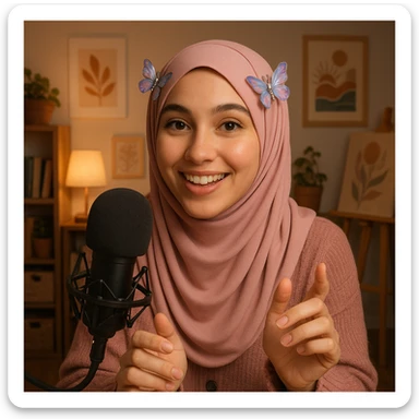 a girl ASMR content creator wearing a stylish pink hijab, with butterfly hairclips on both sides of her hijab (left and right), friendly and creative expression sticker