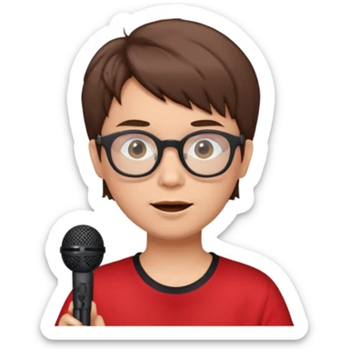 singer, Old, brown short hair, holding mic, red shirt glasses sticker