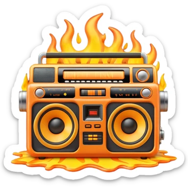 A cute 3D emoji of a retro boombox speaker with a funny shocked face, melting into orange and yellow flames, vibrant "fire" colors, high-end 3D render, white background. (This is a recreation of the fire emoji) sticker