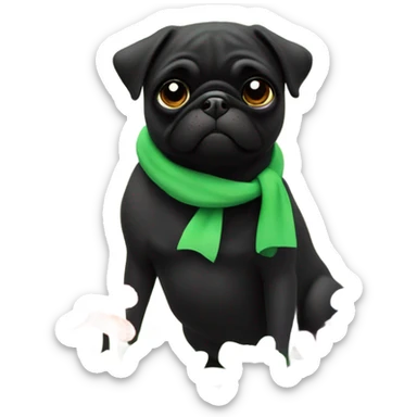 Black pug , surrounded by flowers, holding a green sign that says “good luck”  sticker