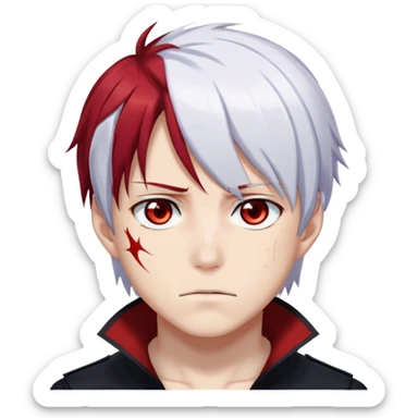 Shoto Todoroki face only, left side white hair, right side red hair, heterochromatic eyes, burn scar on left side of face, serious expression sticker