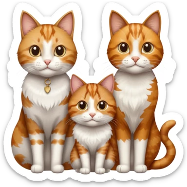 3 cats and each are different natural colours including  brown tabby and white, calico, and ginger and white sticker