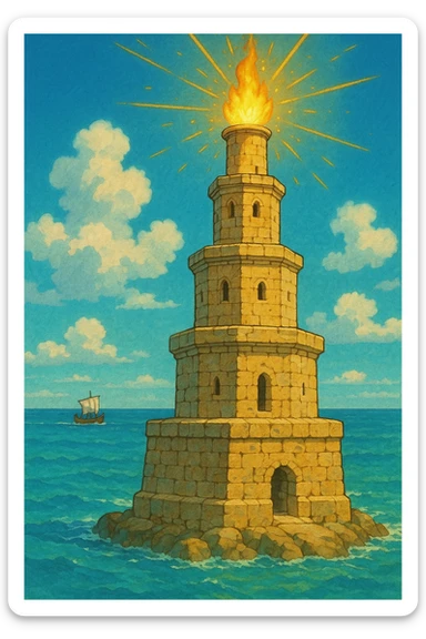 A three-tiered ancient tower with a squared base, octagonal middle, and cylindrical top. The tower has a stone texture with slight cracks and wear. Each level features small windows or arches. At the top, there is a glowing fire or torch with gold/yellow and orange rays, and tiny sparkles (✨) for a shining effect. The base of the tower is surrounded by blue waves lapping at it, and a tiny Greek/Roman ship (⛵) can be seen in the distance. The color palette consists of sandstone (beige/tan) for the tower, turquoise/blue for the sea, and warm gold for the fire. The style should be vibrant and detailed, capturing the essence of an ancient beacon by the sea with additional elements. sticker