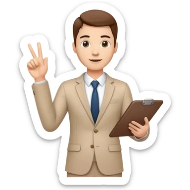 professional character standing and gesturing with one hand, while holding a clipboard or tablet in the other. The character wears smart casual business attire. sticker