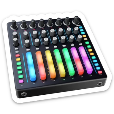 The long DJ mixer features faders, EQ knobs and multi-colored LEDs. sticker