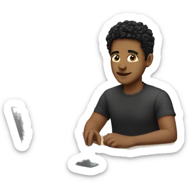 A young man black hair sitting behind laptop sticker