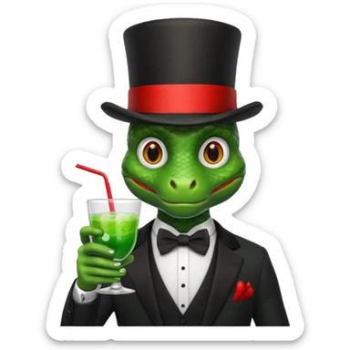 snake wearing suit, bowtie and top hat, holding a glass of green drink sticker