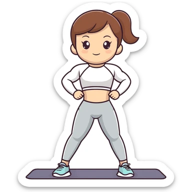 A girl with brown hair is doing a workout, she's wearing gray leggings and a white rashguard sticker