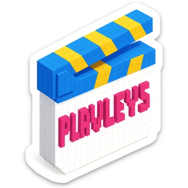 voxel style movie clapperboard, white body, blue and yellow lid, pink text 'PLAVLEYS', isometric view sticker