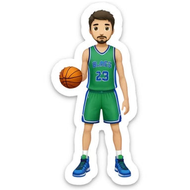 Full Body white male basketball player with short dark shaggy hair and goatee wearing green and blue uniform sticker