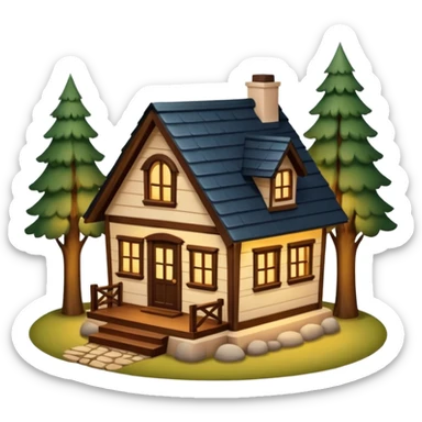 A cozy small house with warm lights coming from the windows, wooden details, surrounded by trees, peaceful atmosphere, soft lighting, charming and realistic
 sticker