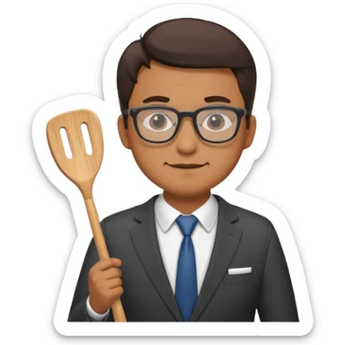 man standing with glasses wearing a suit and holding a spatula sticker