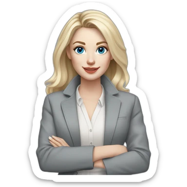 pale skin woman interior designer with cold blonde middle length hair, blue eyes, White blouse, Gray oversize jacket, Gray skirt holding a color palette in the hands sticker