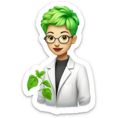 cybernetic scientist wearing a lab coat and holding a small plant, woman with neon green pixie cut with undercut sticker
