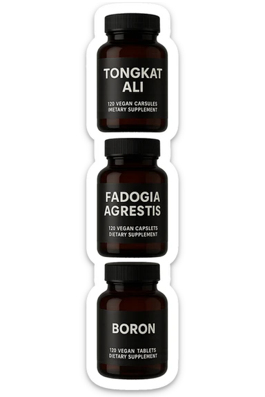 4 boccette di integratore: Tongkat Ali, Fadogia Agrestis, Boron e Zinco fluttuano in aria verticalmente sticker