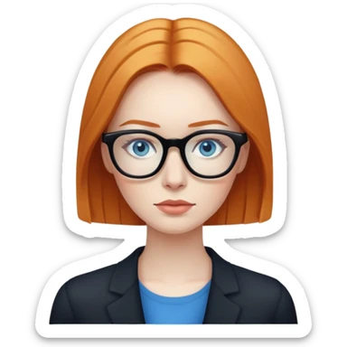 woman with pale skin, ginger straight hair, black glasses, blue eyes sticker