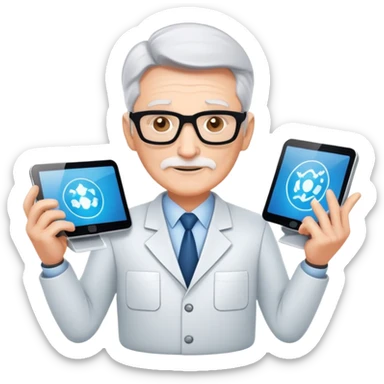 Senior IT Specialist with multiple high-tech devices, confident expression, showing leadership, advanced technical expertise sticker