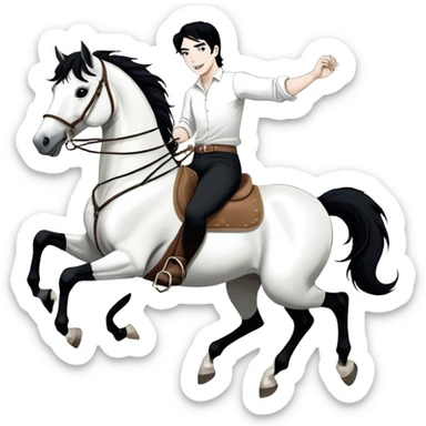 A hand-drawn, black-and-white digital illustration in a playful, cartoonish style. A man with solid black hair and solid black pants is riding a horse, holding the reins with confidence. He has a joyful and adventurous expression as the horse moves forward with energy. The horse has a flowing solid black mane and tail, with strong, bold lines emphasizing its movement. Its legs are slightly bent, giving a sense of action. The background is minimal, keeping the focus on the rider and the horse sticker