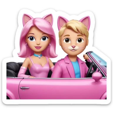 Barbie and Ken as cats, with visible whiskers and cat ears, wearing costumes, in a pink convertible sticker