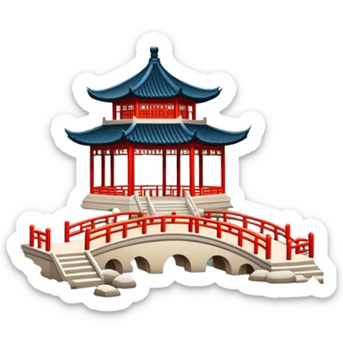 Suzhou classical garden with pavilion, simplified emoji style with bold outlines and bright colors, cartoon style traditional Chinese garden sticker