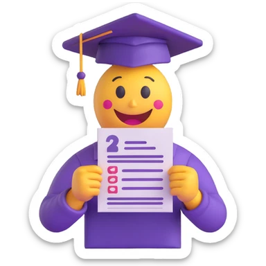3D smiley emoji, round shape, student with exam paper, purple color, nervous face sticker