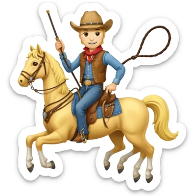 Cowboy riding a horse with whip. Cowboy With yellow skin and smilling. Simplize it and I need a full pic with horse. Like I need the leg part too sticker