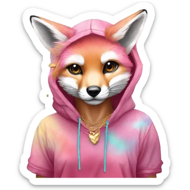 Pink magenta burgundy maroon cyan beige gray fox wearing a pink hoodie with gold jewellery gold piercings gold ear piercing gold nose piercing vintage watercolour tie dye black raven wings sticker