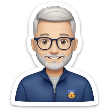 Man with light skin, high fade haircut (extremely short gradient from sides to top), short peppered gray beard, large black-framed glasses, smiling face, navy blue zip-front sweatshirt with long sleeves sticker