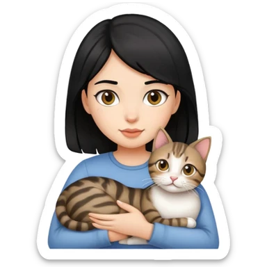 Black hair girl holding a tabby cat sticker