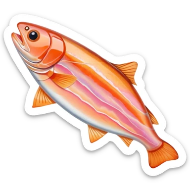thin, irregular slice of smoked trout, orange-pink color, delicate marbling, translucent glossy texture, subtle folds, gently curved edges, no garnish or plate, soft lighting, emoji scale sticker