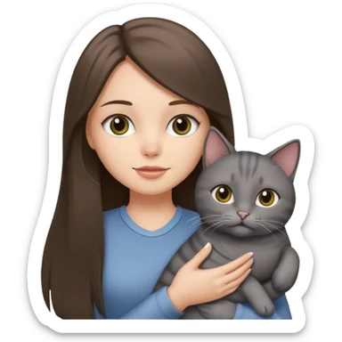 a white girl with brunette long straight hair holding a grey cat. sticker