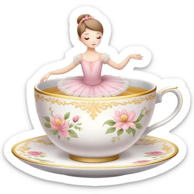 Porcelain tea cup with a floral pattern, steam rising, wearing a ballet tutu and in a graceful dance pose sticker