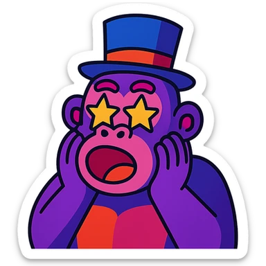 amazed purple gorilla with star eyes and a tophat, vibrant colorful style sticker