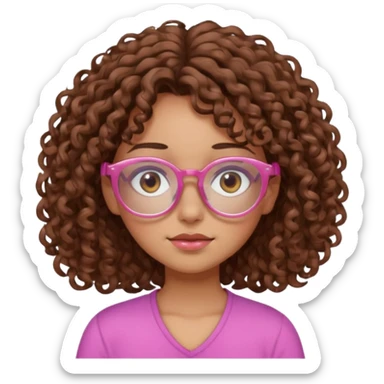 Curly brown haired girl with brown eyes, transparent-pink glasses frames, sleepy, slightly tan skin sticker