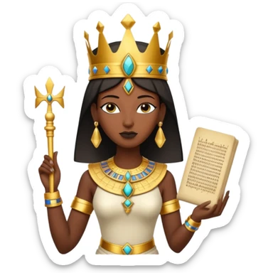A graceful pharaoh queen wearing a tall crown, elegant posture, and holding a small sacred scroll.
 sticker
