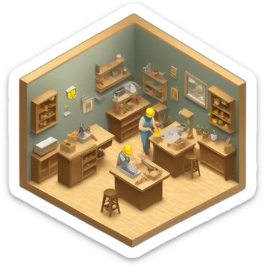 isometric square transparent solid outline border containing indoor woodshop people actively working sticker