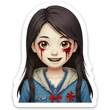 Japanese zombie girl smiling and long dark brown hair sticker