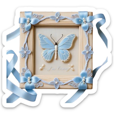 An antique ivory ribbon, embroidered with delicate silver filigree, twists gracefully over a weathered wooden table. A pale blue butterfly, its wings kissed with hints of opalescent shimmer, lands softly on the knotted bow. Around it, tiny pearl beads are scattered like dewdrops, catching the soft glow of candlelight. sticker