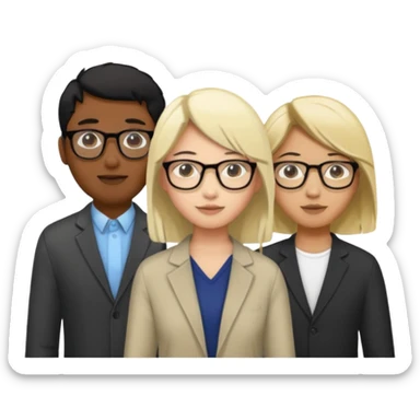 four people. Asian girl, black guy with glasses and dyed blonde hair, indian guy with glasses, asian guy sticker
