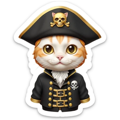 Premium 3D emoji icon of a cute ginger cat pirate, wearing a **pristine white** satin pirate hat with a gold skull icon, and a black and gold captain's jacket. Glossy finish, claymorphism style, soft studio lighting, isolated on white background, 8k resolution, stylized professional look --v 6.0 sticker