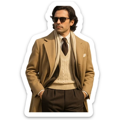an affluent man dressed in classic old money fashion, sunglasses, medium-long black hair sticker
