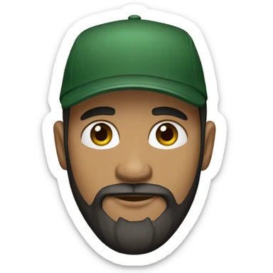 brown man with a dark beard, dark eyes, dark green t-shirt and a black cap sticker