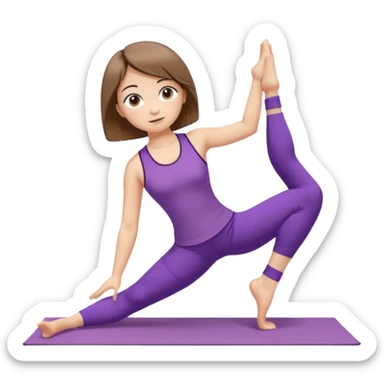Девушка с короткими волосами до плеч русого цвета, с черными бровями, карие глаза, у неё фиолетовый спортивный костюм с топиком и шортами и белые носки, она занимается йогой в позе бибаласана (поза кошки) sticker