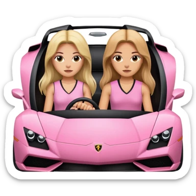 Make car far away so I can see full car Car facing forward in sports car. Make hair long  two girls in car far away Front of car sitting in the seats. Make it a pink sports car. They are two baddies make it a Lamborghini pink car  sticker