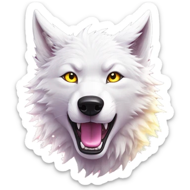 Sparkling crazy white aggressive wolf dancing snow mad eyes illustration doodle high contrast lightning bolt halo sun beams white pink yellow red party sparkle glitter sticker