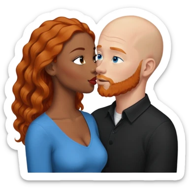 Bald white male with ginger beard and blue eyes kissing African American brown woman with black wavy hair sticker