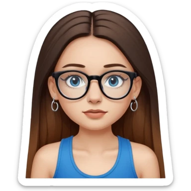 White girl with long straight brown hair and blue eyes wearing plastic frame glasses that go from black to clear ombré from top to bottom. Septum nose piercing and stud nose piercing on right side of nose. Wearing BLACK tank top. Wearing big hoop earrings  sticker
