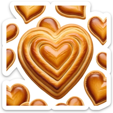 Cinematic crisp palmier, golden-brown heart-shaped pastries, perfectly caramelized layers, delicate and flaky, warm glowing background, inviting and delicious. sticker